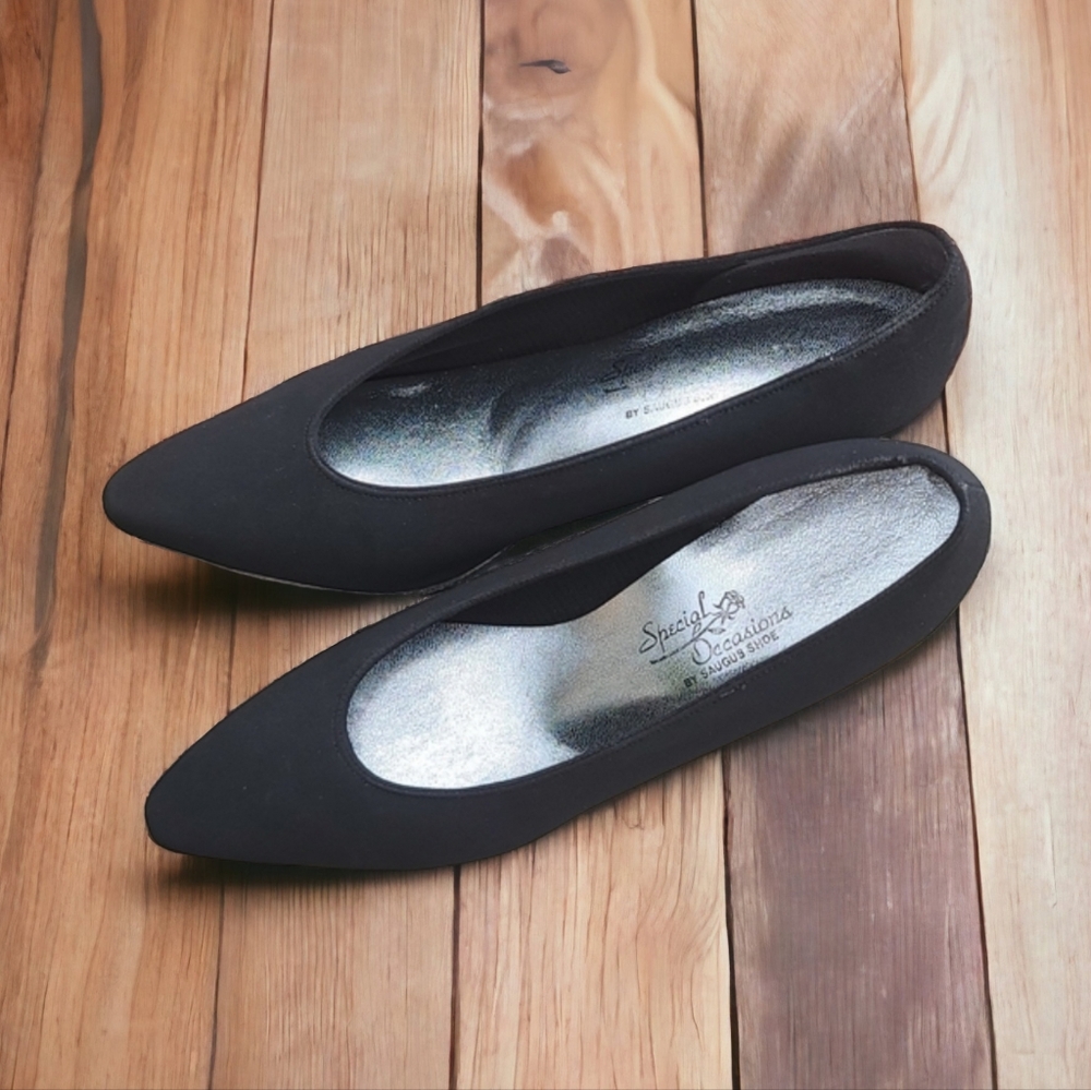 VINTAGE SAUGUS Black Neoprene Rhinestone Wrapped Heels 9 Wedding Pumps Shoes - Picture 8 of 15